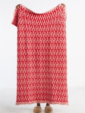 Anthropologie Red Pink Knit Geo Throw Blanket 50”x60”